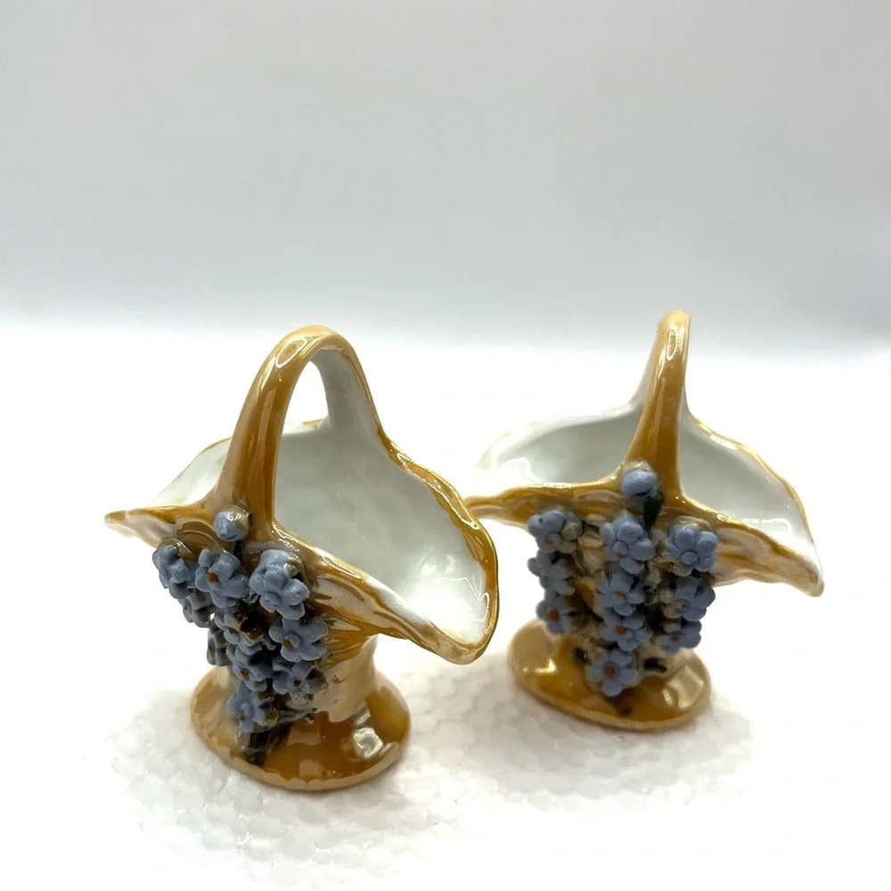 2 Vintage Elfinware Miniature Basket with Blue Flowers Made in Germany